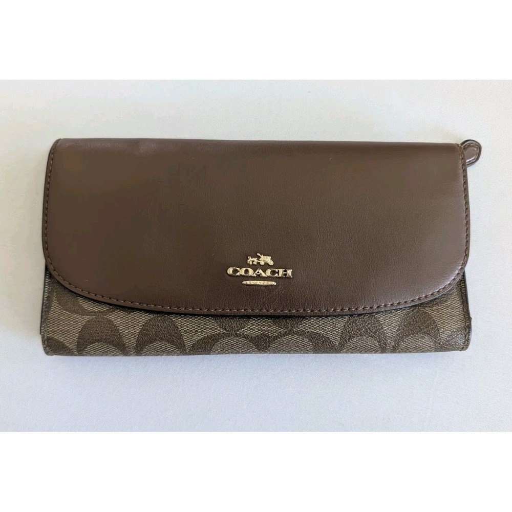 Coach Signature Canvas Trifold Wallet Saddle Brown Leather Long Checkbook Clutch